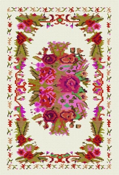 Drom Kaymaz Tabanlı Yıkanabilir Beyaz Karabağ Çiçekli Klasik Halı