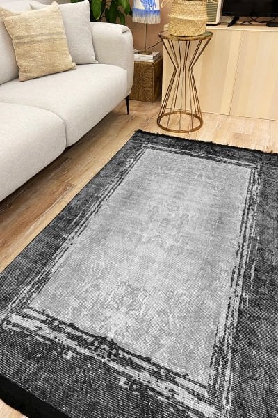 Drom Kaymaz Tabanlı Yıkanabilir Gri Çerçeveli Modern Salon Halısı