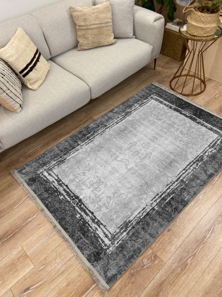 Drom Kaymaz Tabanlı Yıkanabilir Gri Çerçeveli Modern Salon Halısı