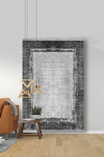 Drom Kaymaz Tabanlı Yıkanabilir Gri Çerçeveli Modern Salon Halısı