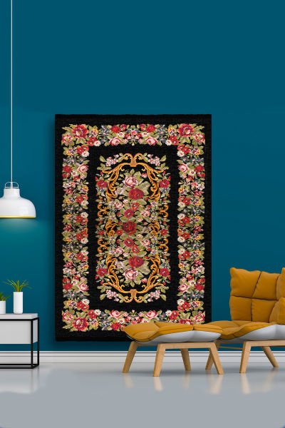 Drom Kaymaz Tabanlı Yıkanabilir Siyah Karabağ Çiçekli Modern Halı