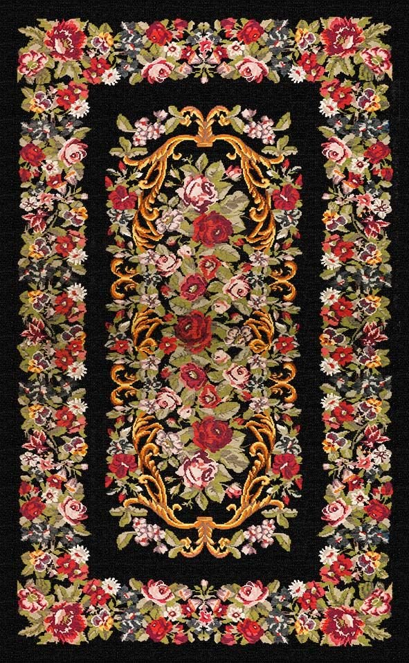 Drom Kaymaz Tabanlı Yıkanabilir Siyah Karabağ Çiçekli Modern Halı