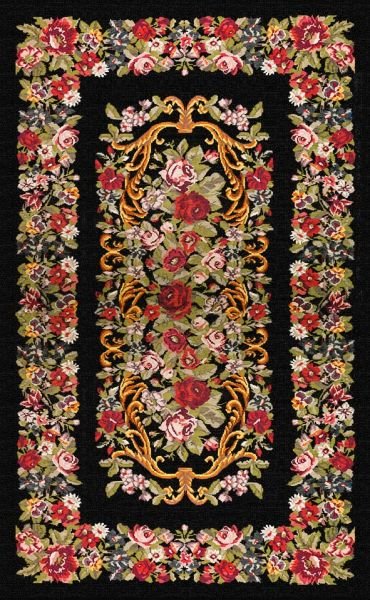 Drom Kaymaz Tabanlı Yıkanabilir Siyah Karabağ Çiçekli Modern Halı