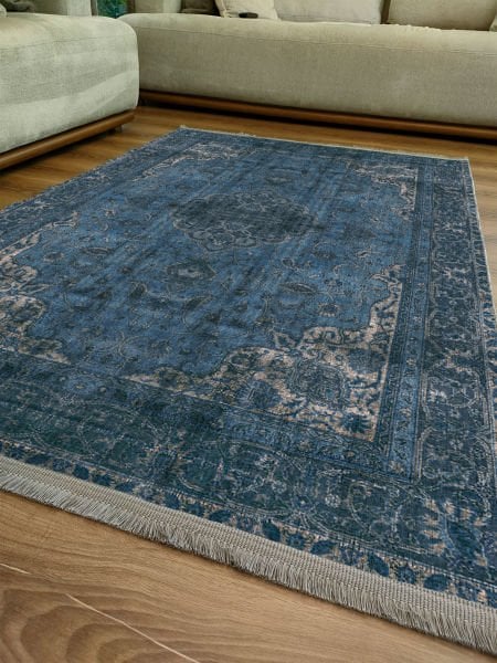 Drom Kaymaz Tabanlı Yıkanabilir Mavi Klasik Desenli Halı