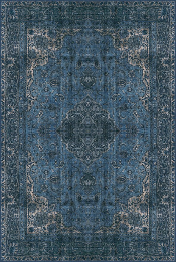 Drom Kaymaz Tabanlı Yıkanabilir Mavi Klasik Desenli Halı