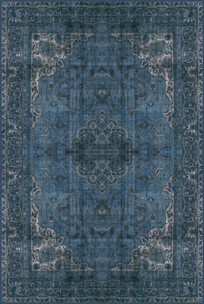 Drom Kaymaz Tabanlı Yıkanabilir Mavi Klasik Desenli Halı