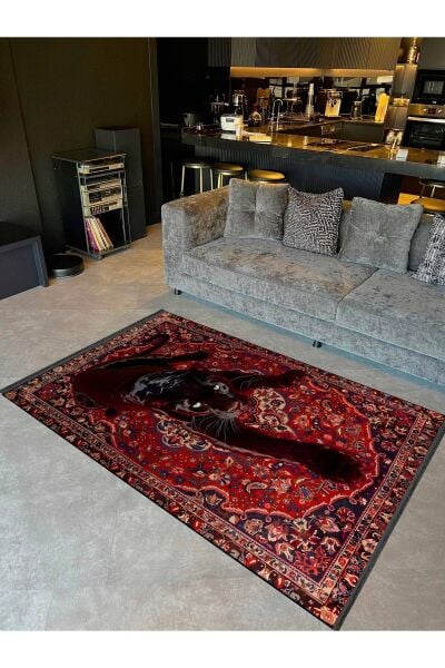 Drom Dokuma Taban Makinede Yıkanabilen Kilim Kaymaz Şönil Panter Desenli Vintage Dekoratif Halı