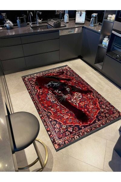 Drom Dokuma Taban Makinede Yıkanabilen Kilim Kaymaz Şönil Panter Desenli Vintage Dekoratif Halı