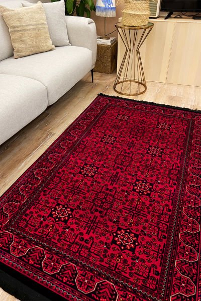 Drom Kaymaz Tabanlı Yıkanabilir Kırmızı Bordo Afgan Desenli Halı