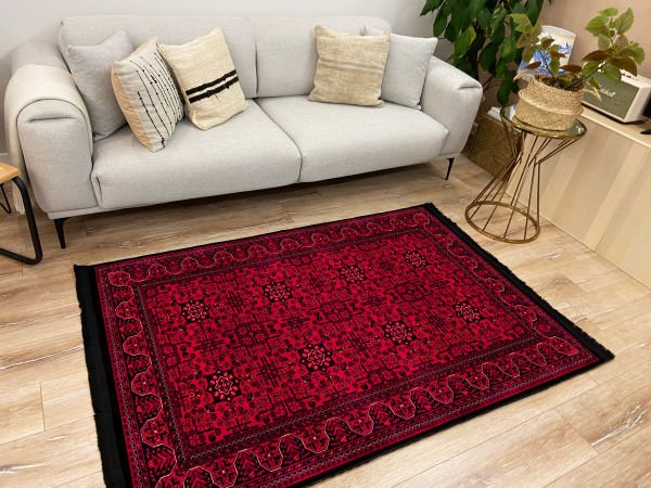 Drom Kaymaz Tabanlı Yıkanabilir Kırmızı Bordo Afgan Desenli Halı