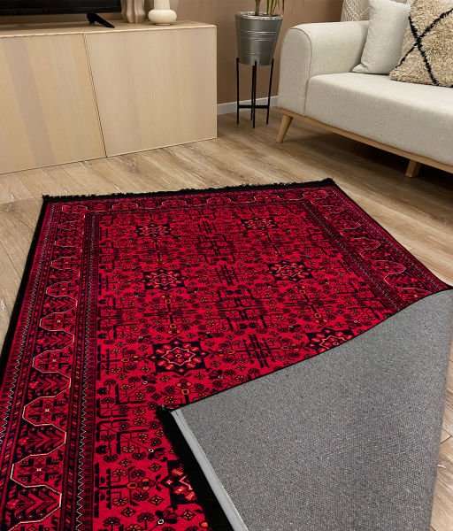 Drom Kaymaz Tabanlı Yıkanabilir Kırmızı Bordo Afgan Desenli Halı