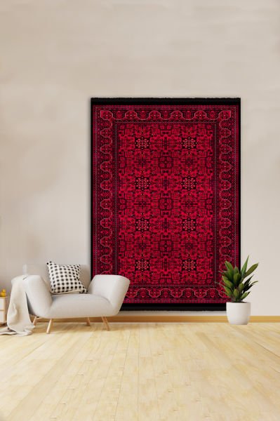 Drom Kaymaz Tabanlı Yıkanabilir Kırmızı Bordo Afgan Desenli Halı