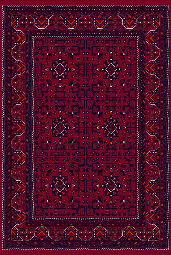 Drom Kaymaz Tabanlı Yıkanabilir Kırmızı Bordo Afgan Desenli Halı