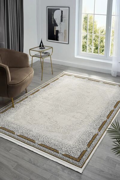 Seyran Halı Ahlat 7051 Gold Çerçeveli Klasik Desen Gri Akrilik Salon Halısı Yolluk Modern Akrilik Halı