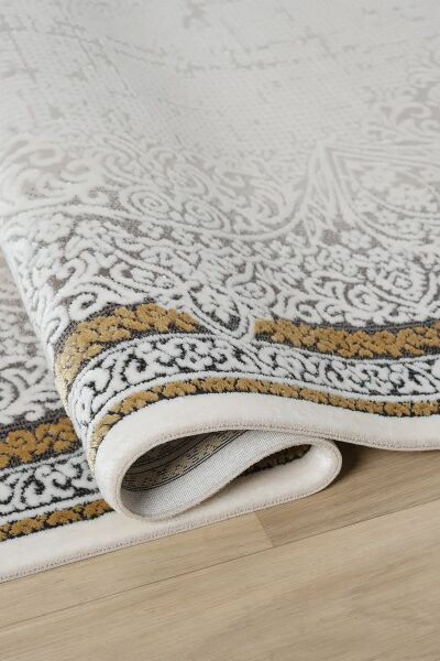 Seyran Halı Ahlat 7051 Gold Çerçeveli Klasik Desen Gri Akrilik Salon Halısı Yolluk Modern Akrilik Halı