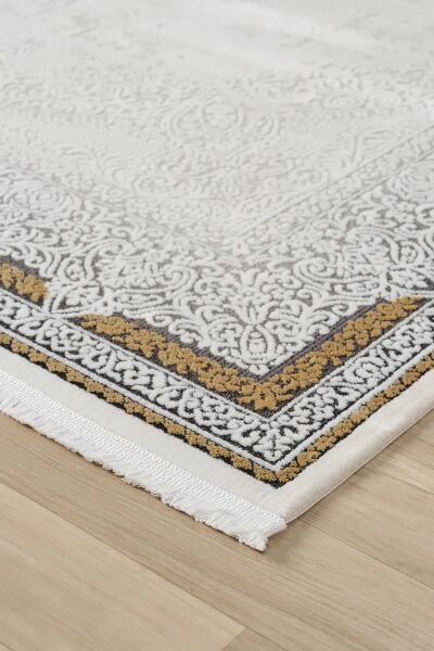 Seyran Halı Ahlat 7051 Gold Çerçeveli Klasik Desen Gri Akrilik Salon Halısı Yolluk Modern Akrilik Halı