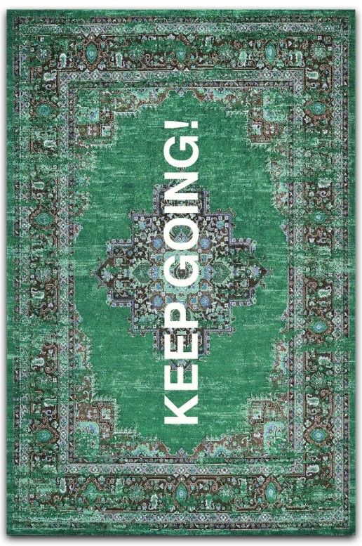 Drom Kaymaz Tabanlı Yıkanabilir Keep Going Etnik Dokuma Halı Dekoratif Modern Yeşil Halı