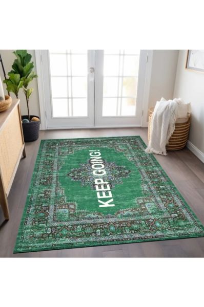 Drom Kaymaz Tabanlı Yıkanabilir Keep Going Etnik Dokuma Halı Dekoratif Modern Yeşil Halı