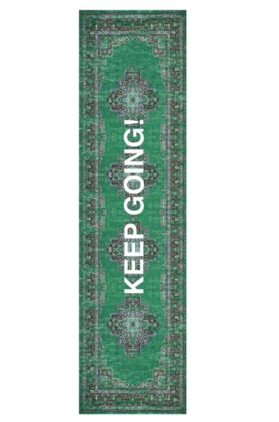 Drom Kaymaz Tabanlı Yıkanabilir Keep Going Etnik Dokuma Halı Dekoratif Modern Yeşil Halı