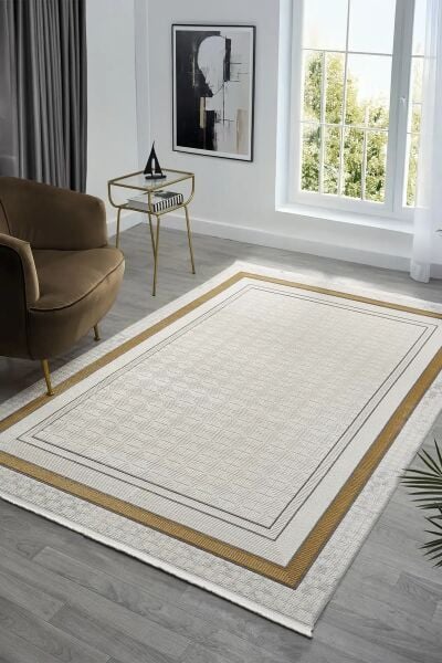 Seyran Halı Ahlat 7052 Gold Çerçeveli Klasik Desen Gri Akrilik Salon Halısı Yolluk Modern Akrilik Halı