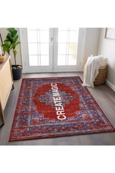 Drom Kaymaz Tabanlı Yıkanabilir Create Magic Etnik Kırmızı Bordo Dokuma Halı