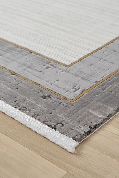 Seyran Halı Ahlat 7053 Gold Çerçeveli Klasik Desen Gri Akrilik Salon Halısı Yolluk Modern Akrilik Halı