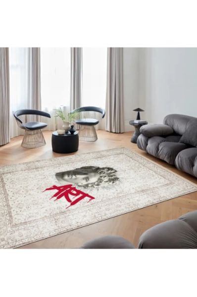Drom Kaymaz Tabanlı Yıkanabilir Bej Art Yazılı Heykel Figürlü Vintage Halı
