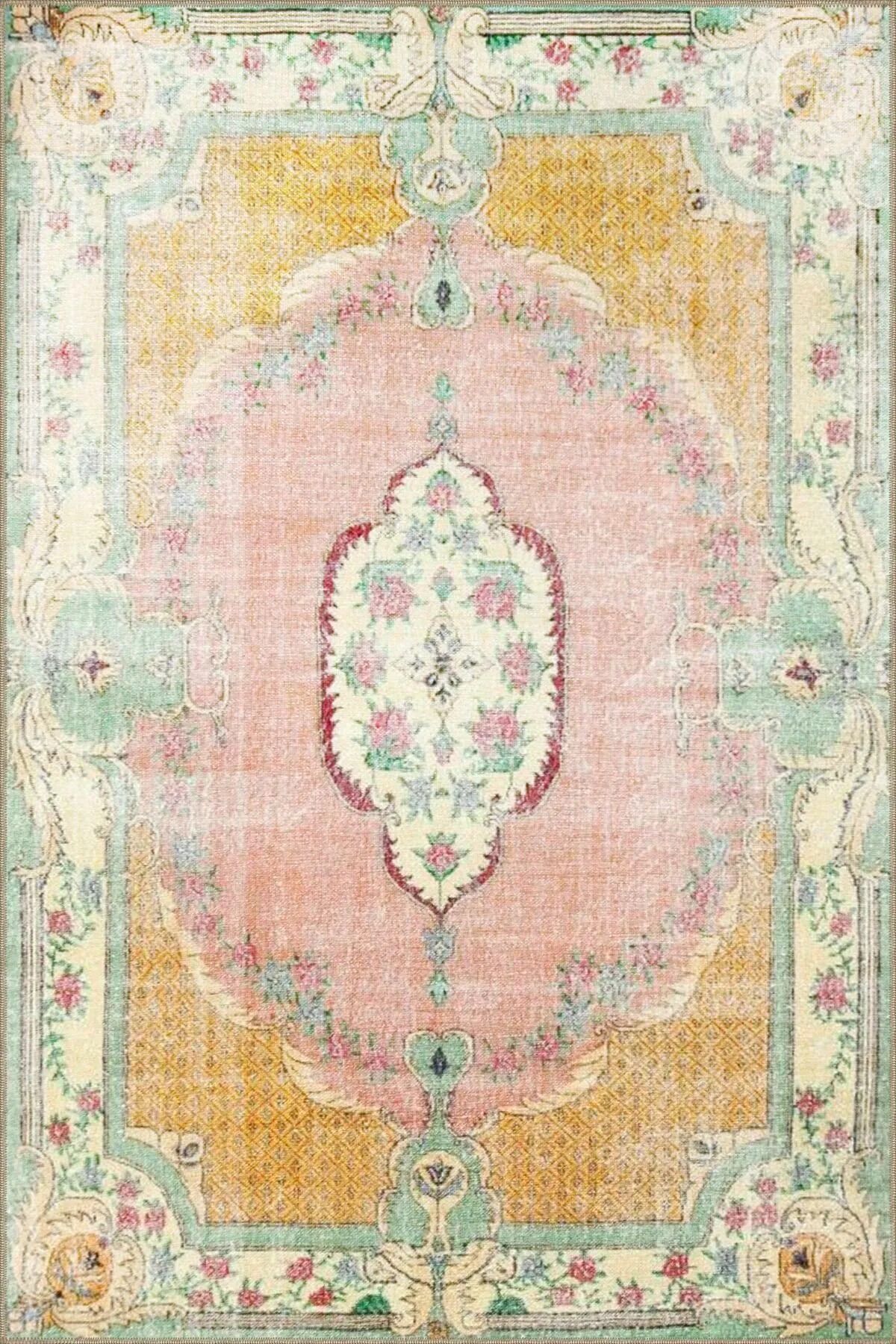 Drom Dokuma Taban Makinede Yıkanabilen Kilim Kaymaz Şönil Geleneksel Motifli Pastel Pembe Halı
