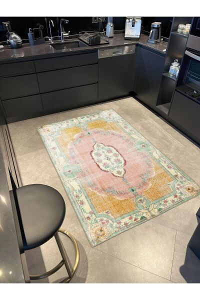 Drom Dokuma Taban Makinede Yıkanabilen Kilim Kaymaz Şönil Geleneksel Motifli Pastel Pembe Halı