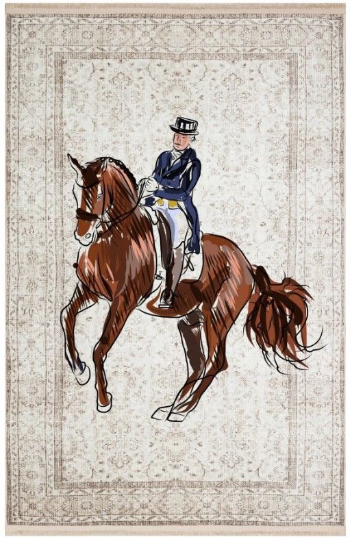 Drom Kaymaz Tabanlı Yıkanabilir Bej At Figürlü Vintage Halı