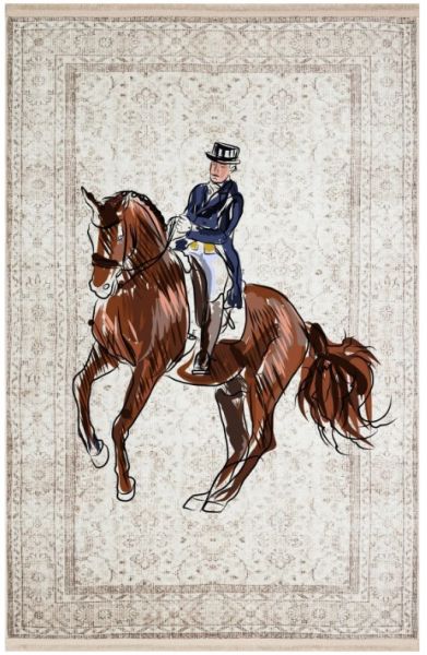 Drom Kaymaz Tabanlı Yıkanabilir Bej At Figürlü Vintage Halı