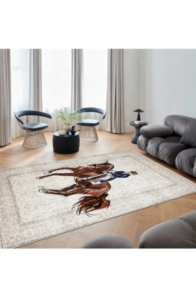Drom Kaymaz Tabanlı Yıkanabilir Bej At Figürlü Vintage Halı