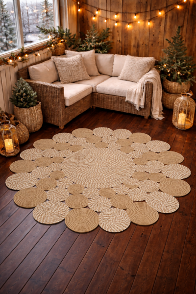 Milda 27 Bej Kahve Bohem Jüt Kilim Hasırlı El Örgüsü Çift Taraflı Kilim Yuvarlak Modern Jüt Halı