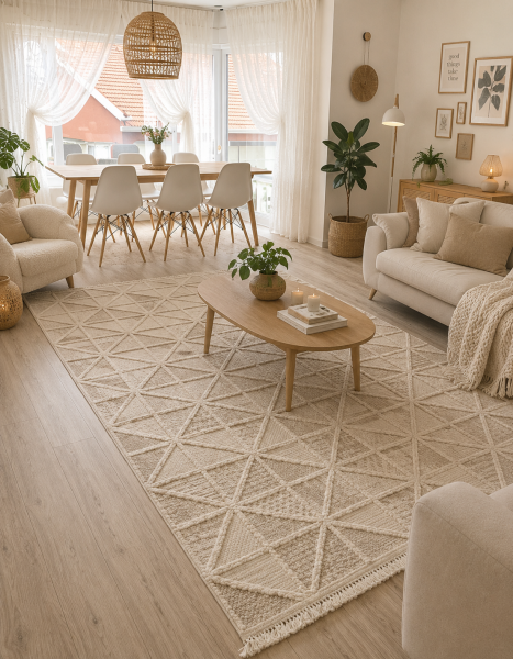 Enti Halı Step 2201 Krem Kabartmalı Yumuşak Dokulu Hav Toz Vermez Modern Salon Oturma Odası Halısı