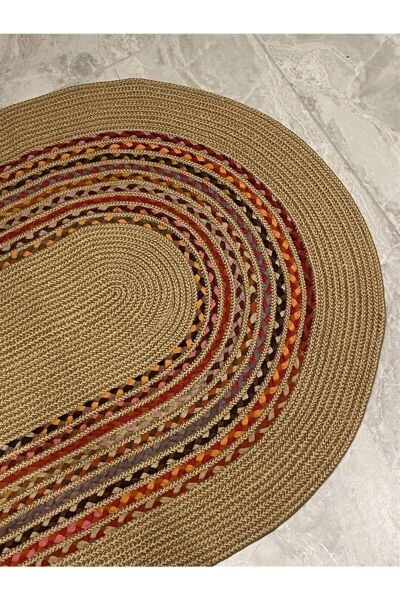 Milda 29 Jüt Hasır Örgü Bohem Çift Taraflı Kilim Dekoratif Oval Jüt Halı Balkon Banyo Antre Koridor Mutfak Yıkanabilir Jüt Kilim 100x200