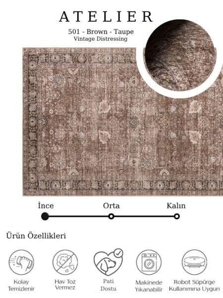 Atelier 501 Brown Taupe Eskitme Vintage Halı Etnik Dokuma Otantik Yıkanabilir Salon Mutfak Yatak Odası Koridor Halısı
