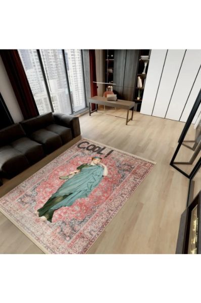 Drom Kaymaz Tabanlı Yıkanabilir Vintage Art Heykel Figürlü Etnik Halı