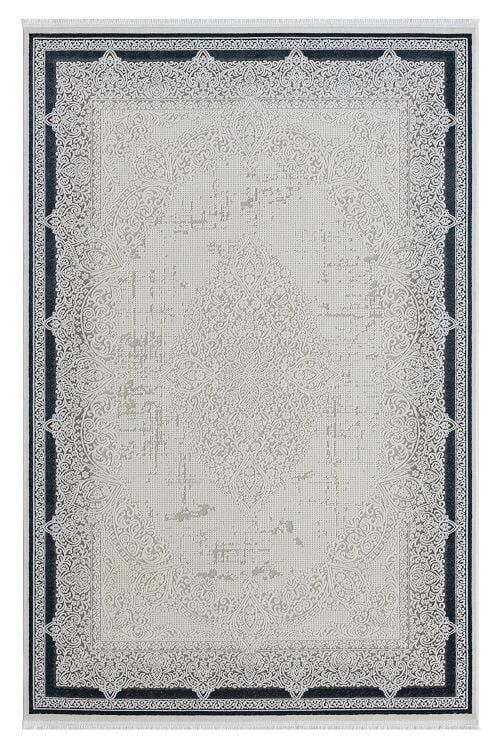 Seyran Halı Ahlat 7051 Mavi Çerçeveli Klasik Desen Gri Akrilik Salon Halısı Yolluk Modern Akrilik Halı