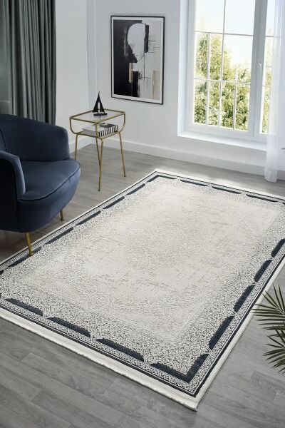 Seyran Halı Ahlat 7051 Mavi Çerçeveli Klasik Desen Gri Akrilik Salon Halısı Yolluk Modern Akrilik Halı