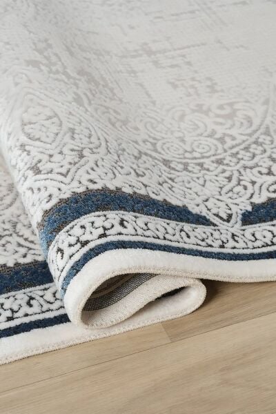 Seyran Halı Ahlat 7051 Mavi Çerçeveli Klasik Desen Gri Akrilik Salon Halısı Yolluk Modern Akrilik Halı