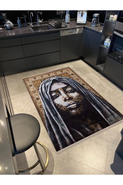 Drom Dokuma Taban Makinede Yıkanabilen Kilim Kaymaz Şönil Soyut Portre Desenli Etnik Halı