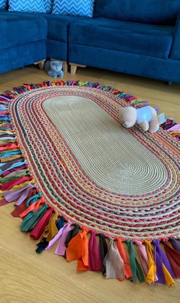 Milda 36 Jüt Hasırlı El Örgüsü Kilim Renkli Püsküllü Çift Taraflı Jüt Halı