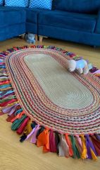 Milda 36 Jüt Hasırlı El Örgüsü Kilim Renkli Püsküllü Çift Taraflı Jüt Halı