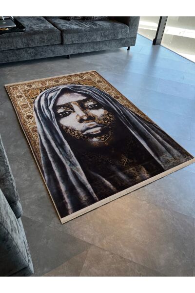 Drom Dokuma Taban Makinede Yıkanabilen Kilim Kaymaz Şönil Soyut Portre Desenli Etnik Halı