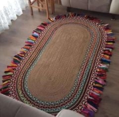 Milda 36 Jüt Hasırlı El Örgüsü Kilim Renkli Püsküllü Çift Taraflı Jüt Halı