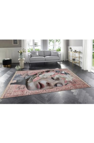 Drom Kaymaz Tabanlı Yıkanabilir Kırmızı Vintage Kadın Figürlü Etnik Halı