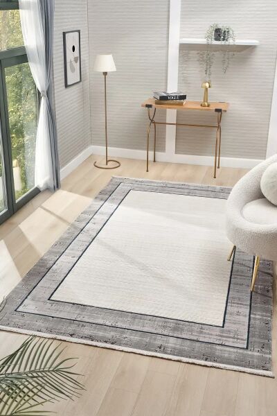 Seyran Halı Ahlat 7053 Mavi Çerçeveli Klasik Desen Gri Akrilik Salon Halısı Yolluk Modern Akrilik Halı