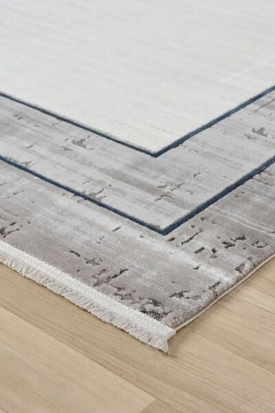 Seyran Halı Ahlat 7053 Mavi Çerçeveli Klasik Desen Gri Akrilik Salon Halısı Yolluk Modern Akrilik Halı