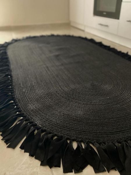 Milda 44 Siyah Jüt Hasırlı El Örgüsü Çift Taraflı Kilim Oval Jüt Halı