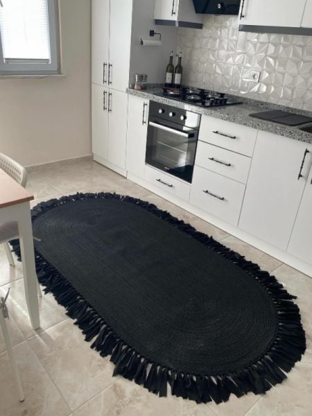 Milda 44 Siyah Jüt Hasırlı El Örgüsü Çift Taraflı Kilim Oval Jüt Halı
